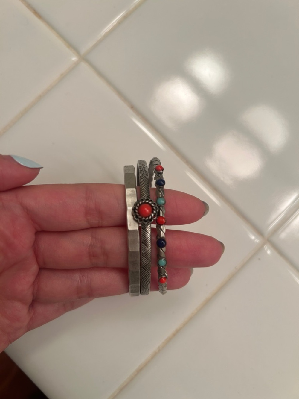 Free People Silver-Tone Stacked Bracelet Set with Coral and Turquoise Accents